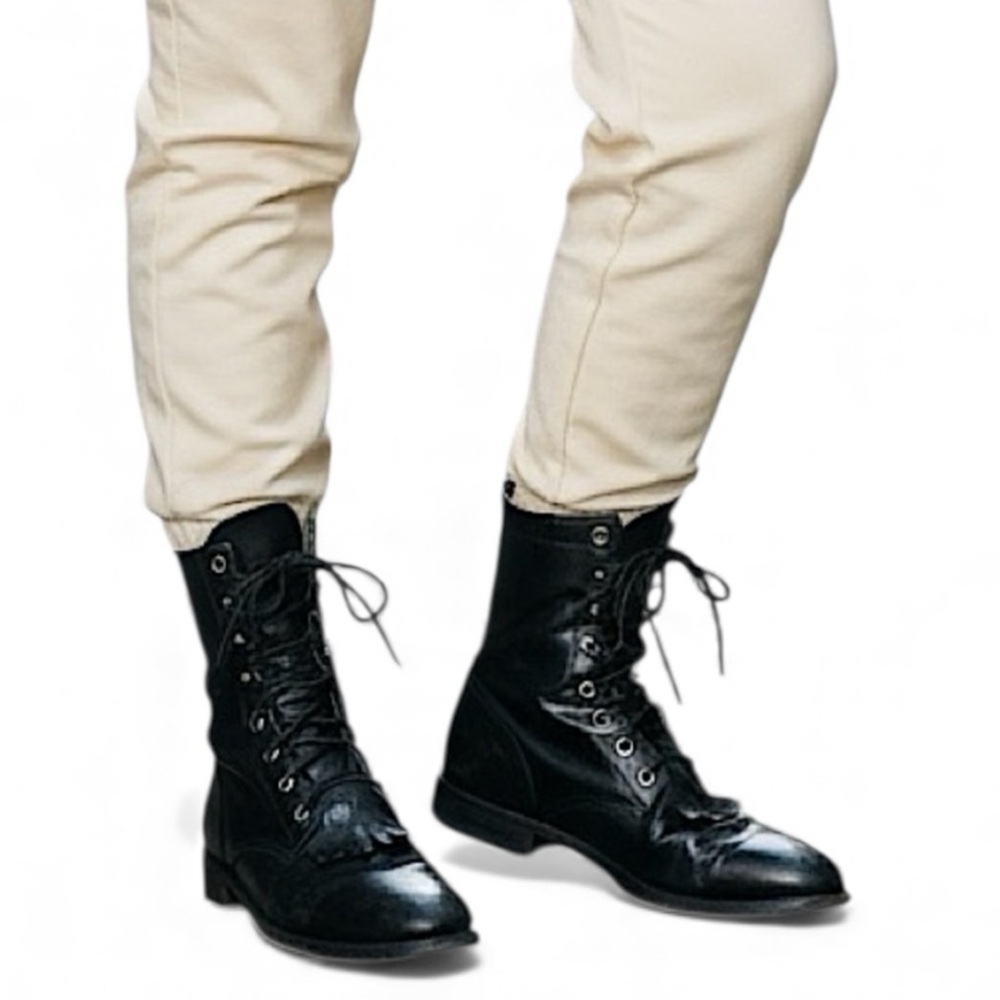 JUSTIN Kiltie Western Boots Lace Up Stetson Black Leather Size 7.5 B Vintage